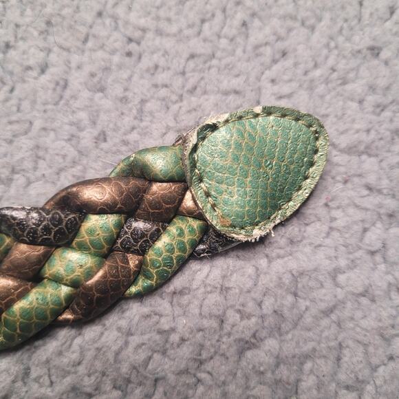 VTG Green Brown Leather Belt XL Braided Snake Print Gold Tone Buckle Colorful